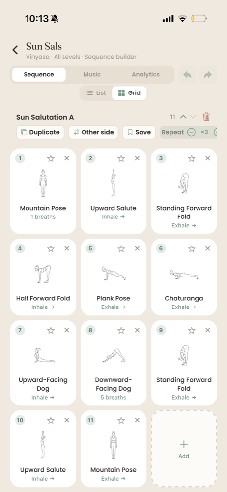 Cue's sequence builder on an iPhone showing a Sun Salutation as editable pose cards with breath cues