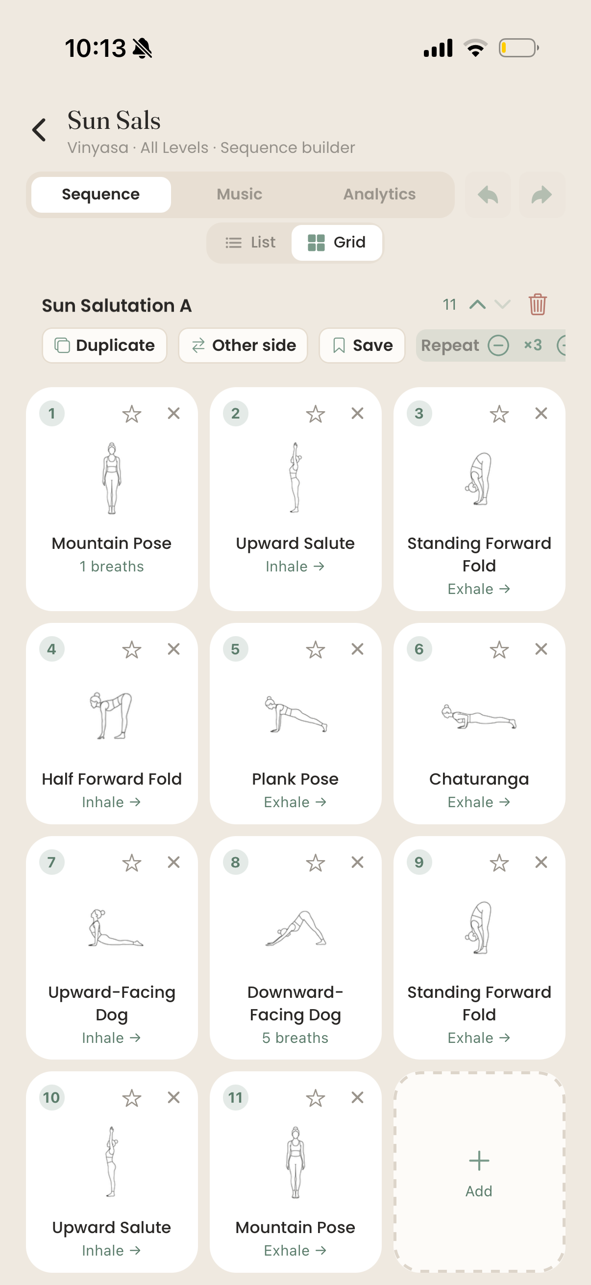 Cue sequence builder grid view on iPhone: an 11-pose Sun Salutation A laid out in a grid