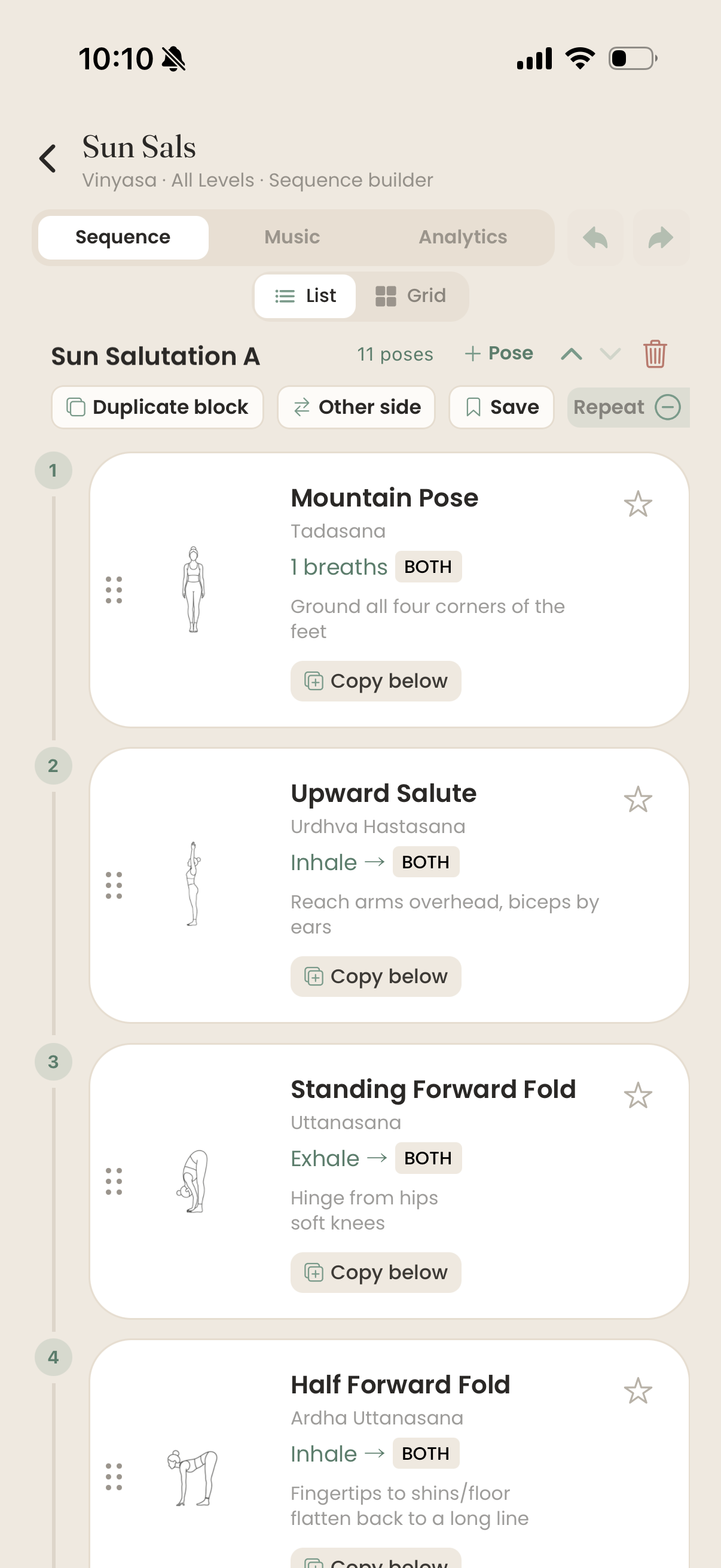 Cue sequence builder list view on iPhone: poses with cues, breath counts, and per-side tracking